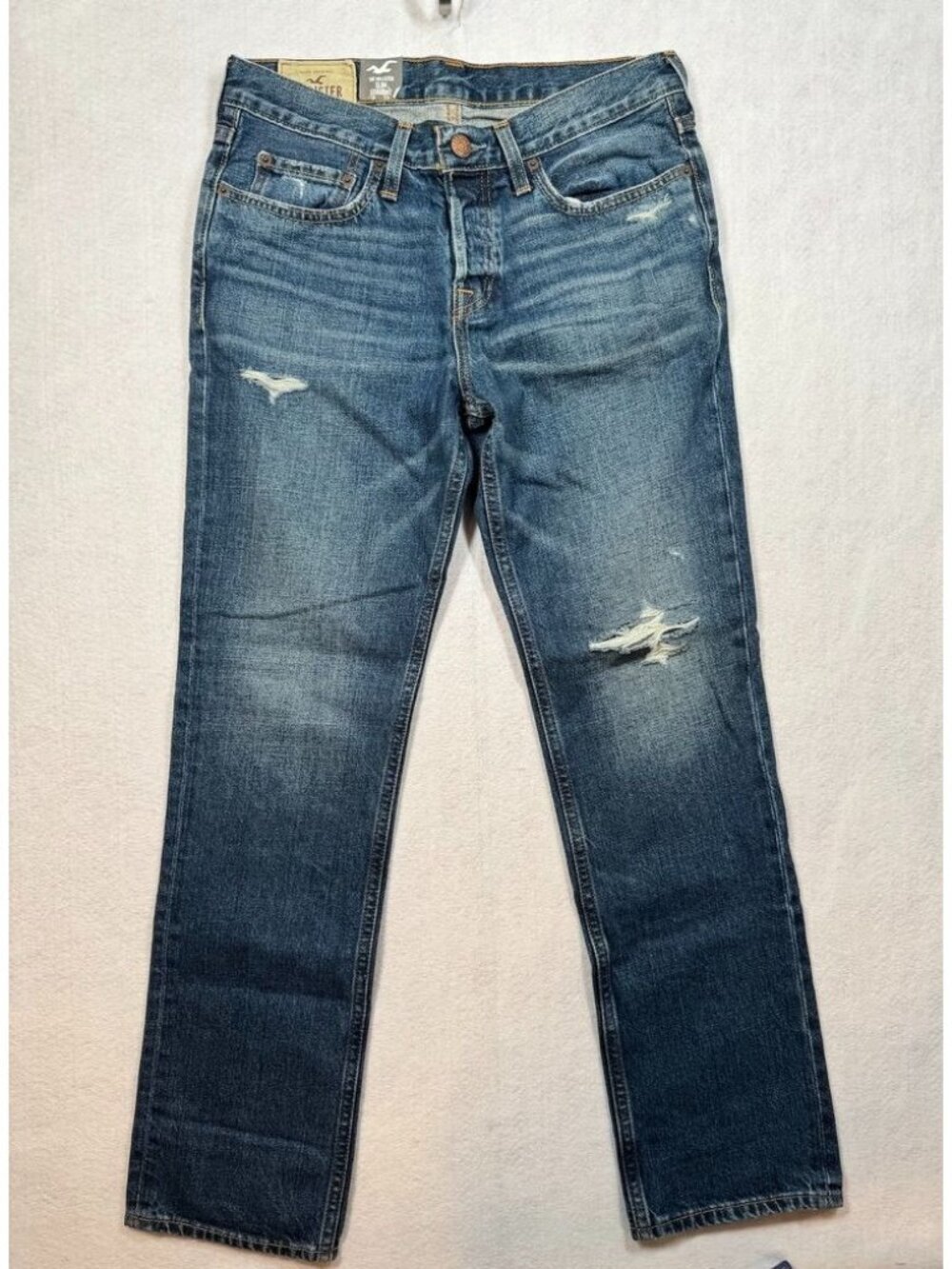 Hollister Mens Slim Straight Jeans Medium Wash Denim Button Fly Distressed 31x30